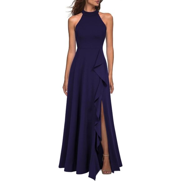Dresses & Skirts - Women's Navy Blue High Neck Split Cocktail Evening Party Long Maxi Formal Dress
